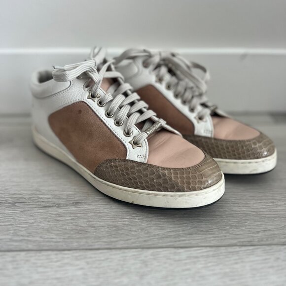 Jimmy Choo Tricolor Suede Leather Python Trim Miami Low Top Sneakers Size 36 5.5